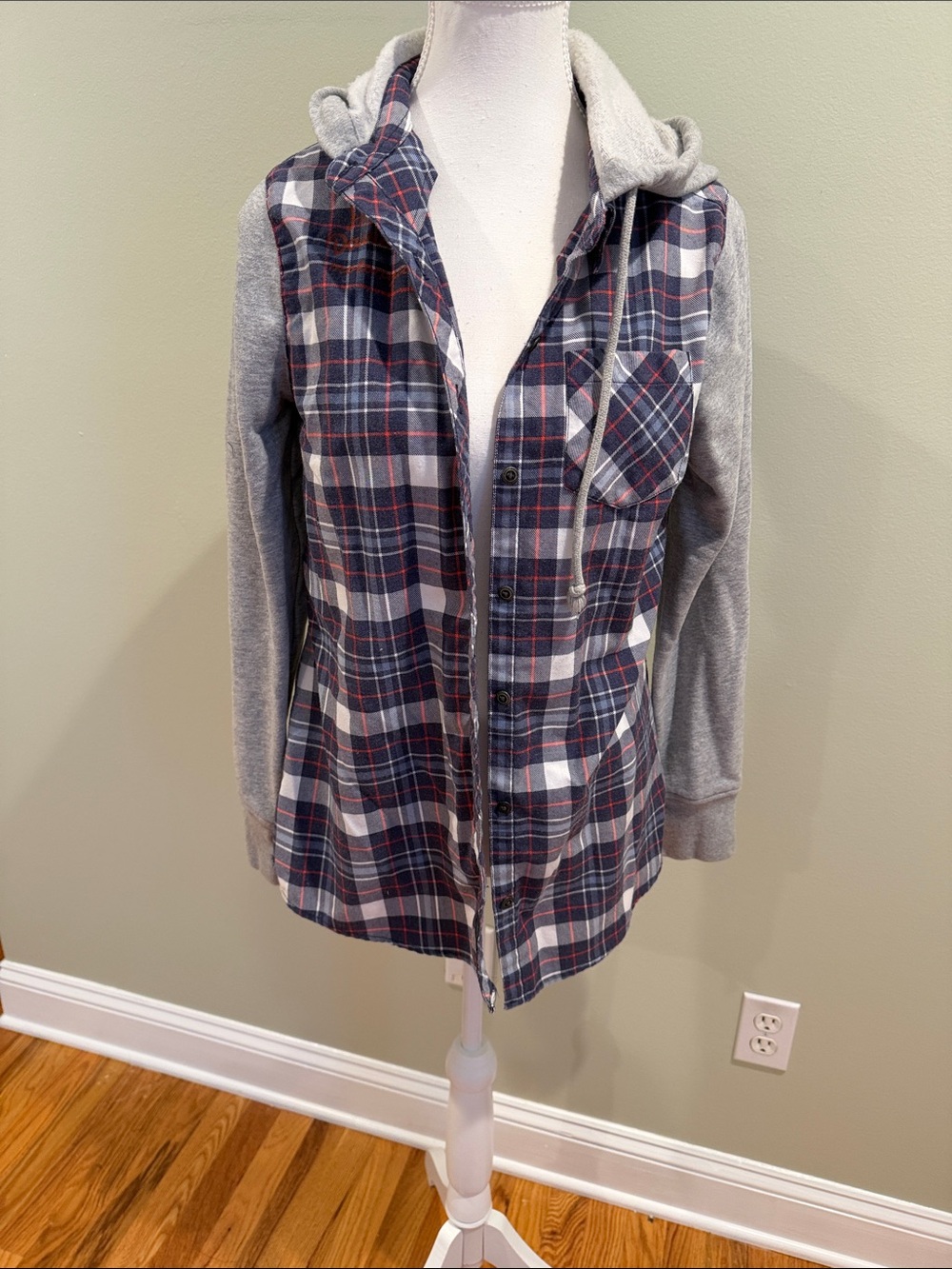 Harley-Davidson Gray Plaid Hooded Flannel Jacket with Sweatshirt Sleeves